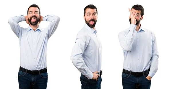 Conjunto de homem bonito com barba fazendo uma piada — Fotografia de Stock