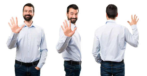 Set of Handsome man with beard counting five — Stock Photo, Image