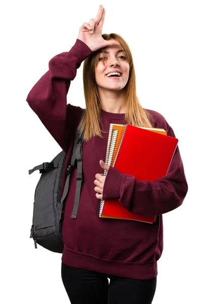 Estudante mulher fazendo sinal perdedor — Fotografia de Stock