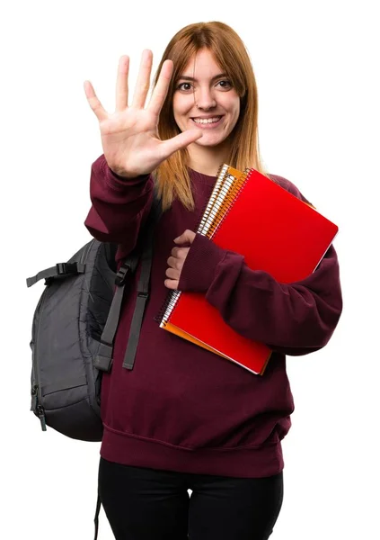 Student woman counting five — Stock Photo, Image