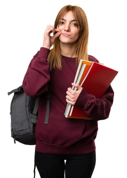 Studerande kvinna gör tystnad gest — Stockfoto