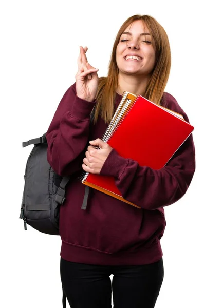 Student woman with her fingers crossing — Stock Photo, Image