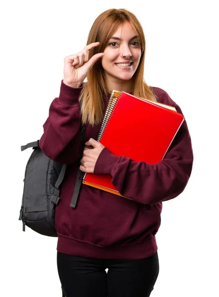 Studentin macht winziges Schild — Stockfoto