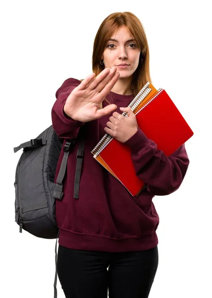 Studente donna fare stop segno — Foto Stock