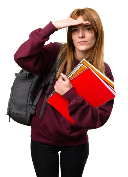 Estudante mulher mostrando algo — Fotografia de Stock