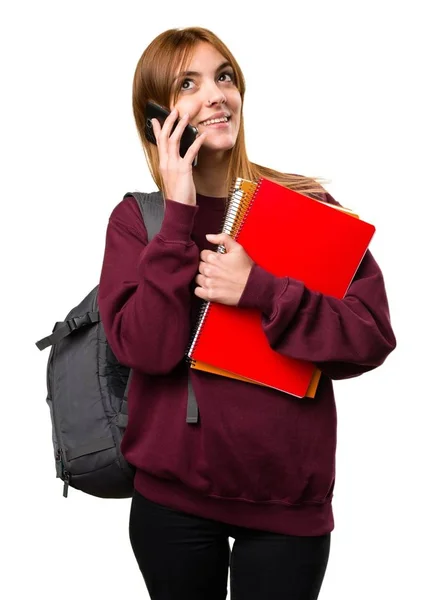 Studerande kvinna talar till mobil — Stockfoto