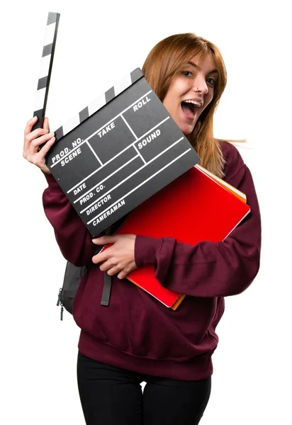 Student kobietę clapperboard — Zdjęcie stockowe