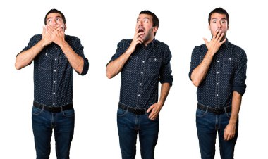 Esmer adam sürpriz jest yapma kümesi