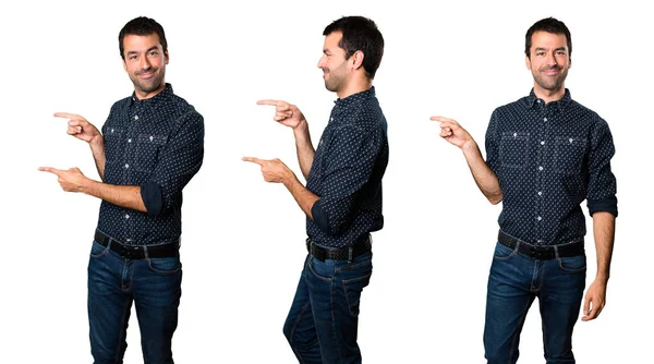Set of Brunette man pointing to the lateral — Stock Photo, Image