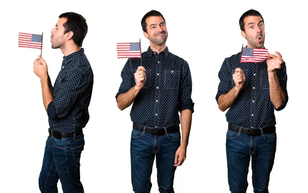 Conjunto de morena hombre sosteniendo una bandera americana —  Fotos de Stock