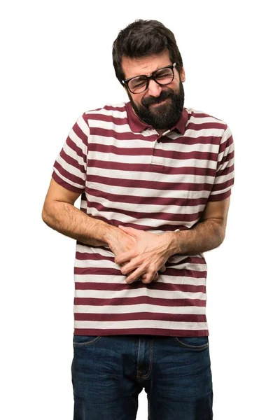 Muž s brýlemi s bolesti žaludku — Stock fotografie