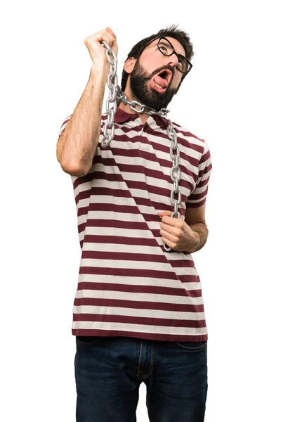 Muž s brýlemi s řetězy — Stock fotografie