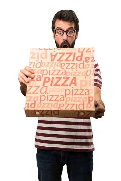 Mann mit Brille mit Pizzen überrascht — Stockfoto