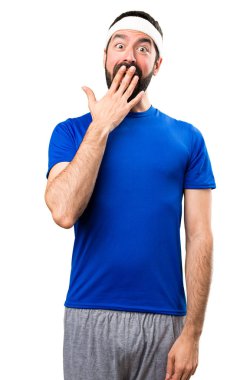 Komik sporcu sürpriz jest yapma beyaz backgr izole