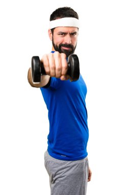 Komik sporcu halter izole beyaz adam yapma