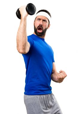 Komik sporcu halter izole beyaz adam yapma