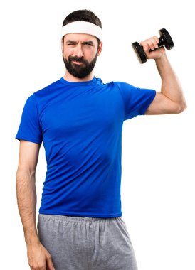 Komik sporcu halter izole beyaz adam yapma