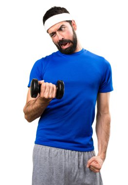 Komik sporcu halter izole beyaz adam yapma