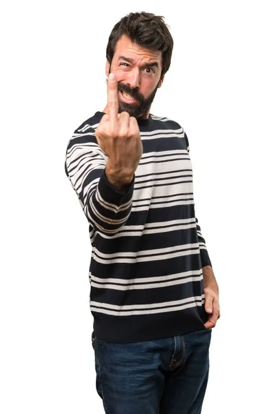 Hombre con barba haciendo gesto de cuerno — Foto de Stock