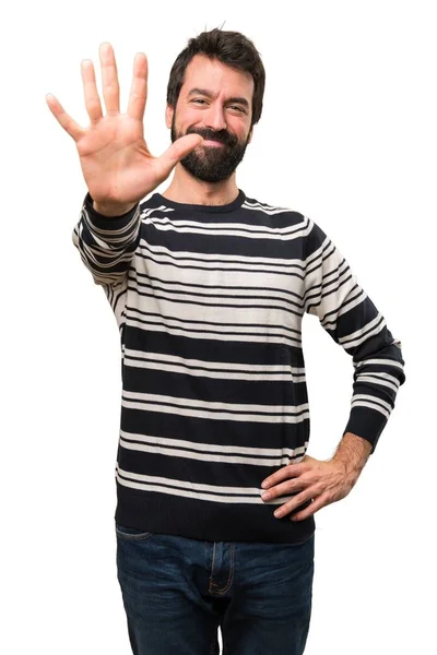 Homem com barba contando cinco — Fotografia de Stock