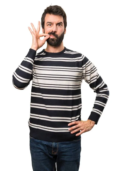 Hombre con barba haciendo gesto de silencio — Foto de Stock