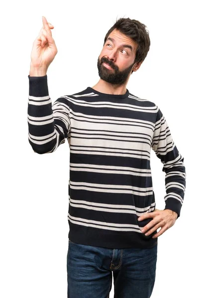 Man with beard with his fingers crossing — Stock Photo, Image