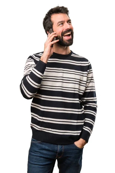 Happy Man with beard talking to mobile — Stock Photo, Image