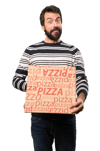 Mann mit Bart hält Pizzen — Stockfoto