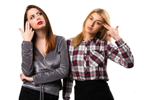 Two friends making suicide gesture — Stock Photo, Image