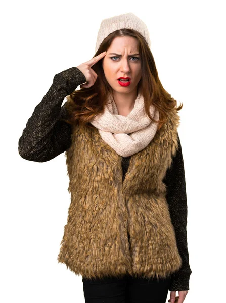 Dívka s zimní oblečení crazy gesto — Stock fotografie