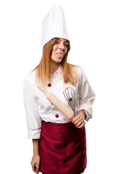 Kobieta piękna szefa kuchni co żart — Zdjęcie stockowe