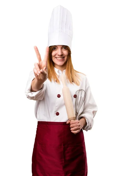 Prachtige chef-kok vrouw twee tellen — Stockfoto