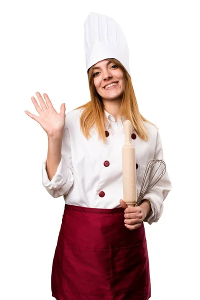 Kobieta piękna chef, pozdrawiając — Zdjęcie stockowe