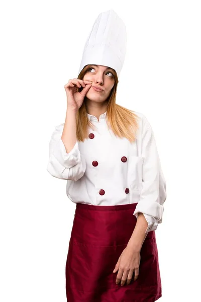 Hermosa mujer chef haciendo gesto de silencio — Foto de Stock