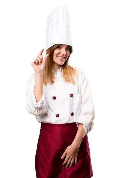 Mulher chef bonita fazendo sinal minúsculo — Fotografia de Stock