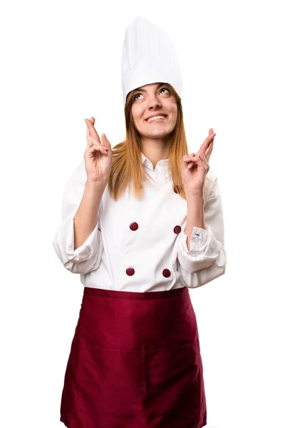 Prachtige chef-kok vrouw met haar vingers oversteken — Stockfoto