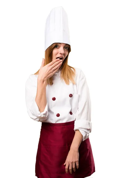 Bella chef donna fare gesto a sorpresa — Foto Stock