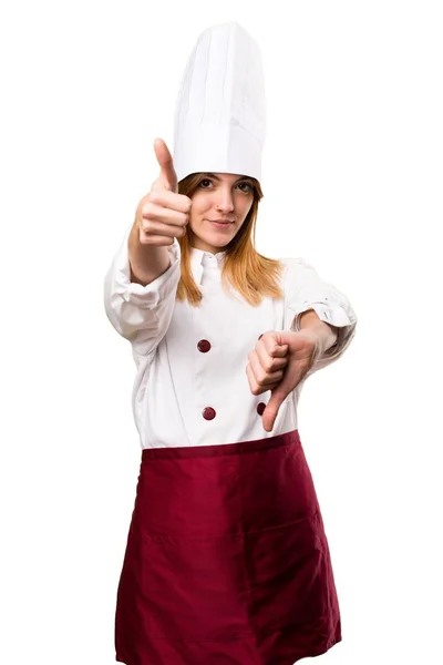 Kobieta piękna chef Dokonywanie dobry zły znak — Zdjęcie stockowe