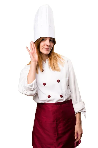 Szép chef nő hallgat valami — Stock Fotó