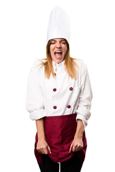 Kobieta piękna szefa kuchni krzycząc — Zdjęcie stockowe
