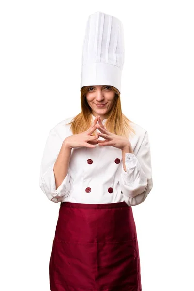 Linda chef mulher pensando — Fotografia de Stock