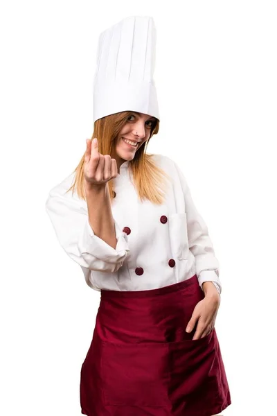 Szép chef nő, ami pénzt gesztus — Stock Fotó