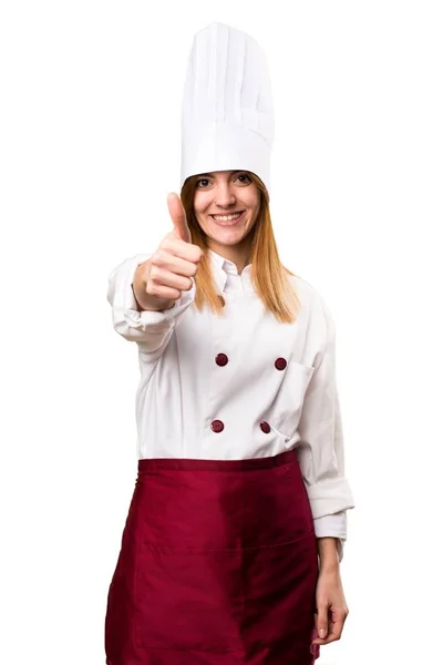 Mulher chef bonita com polegar para cima — Fotografia de Stock