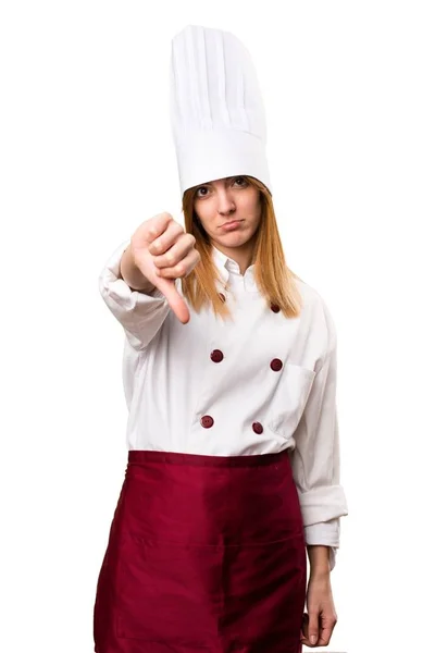 Bella donna chef facendo cattivo segnale — Foto Stock