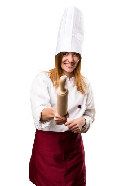 Hermosa mujer chef luchando — Foto de Stock