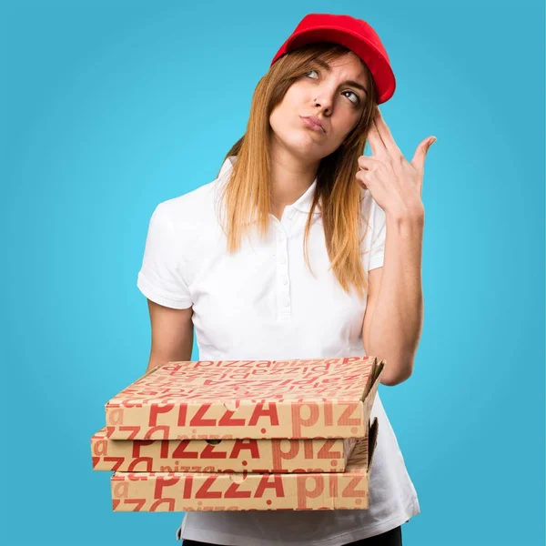 Pizza delivery woman making suicide gesture on colorful backgrou
