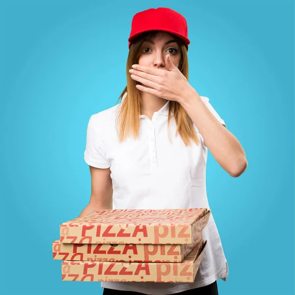 Pizza delivery woman covering her mouth on colorful background