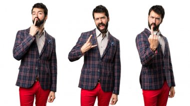  Set iyi giyinmiş adam rock jest yapma