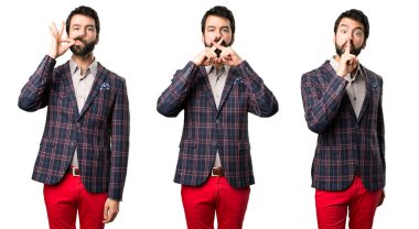  Set iyi giyinmiş adam sessizlik jest yapma