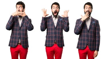  Set iyi giyinmiş adam sürpriz jest yapma